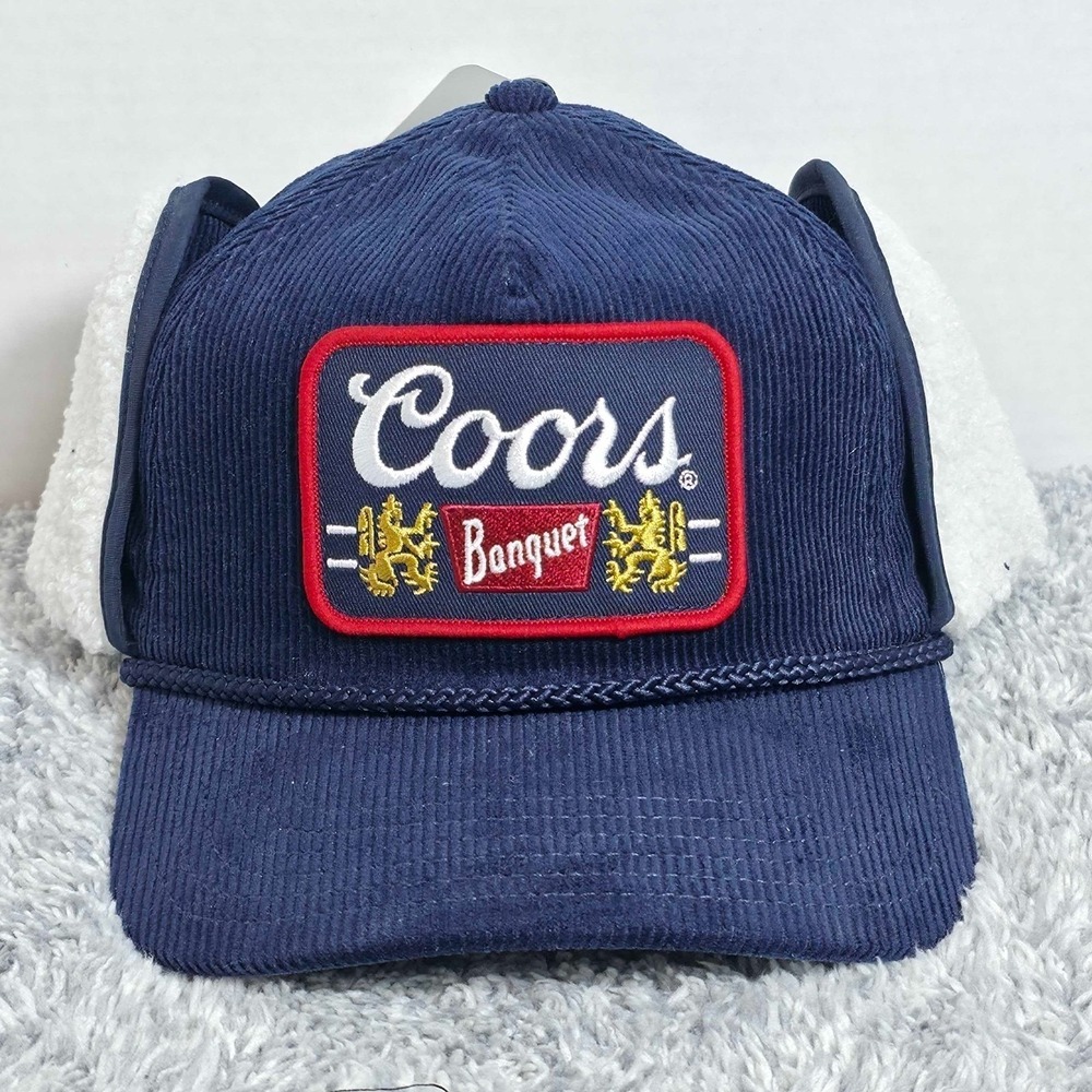 Coors Banquet Beer Corduroy Snapback Trapper Hat Cap by Mad Engine Navy Blue NEW